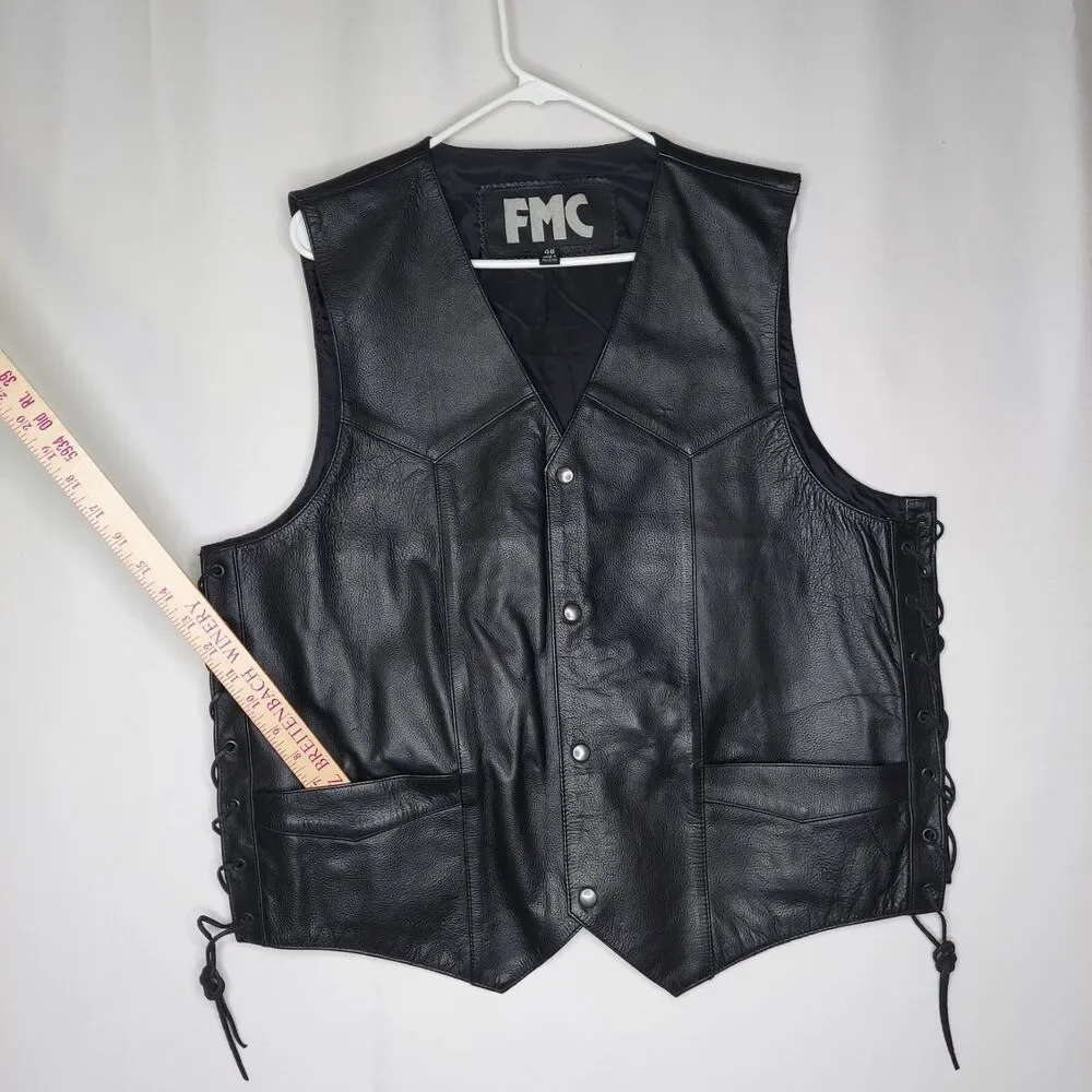 FMC Mens Leather Vest 46 Black Side Laced Grommet Snap Front V-Neck Pockets - Picture 7 of 9
